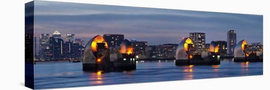 Thames Barrier dusk panorama with Canary Wharf beyond, London, England, United Kingdom, Europe-Charles Bowman-Premier Image Canvas