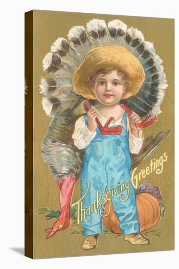Thanksgiving Greetings, Farmer Boy with Turkey-null-Stretched Canvas