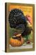 Thanksgiving Greetings, Turkey with Pumpkin, Fruit and Goblet-null-Stretched Canvas