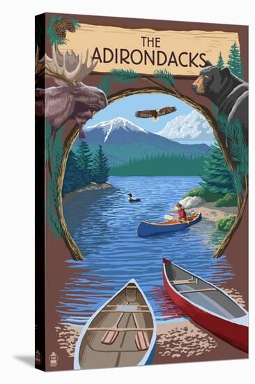 The Adirondacks, New York - Canoe Scene-Lantern Press-Stretched Canvas