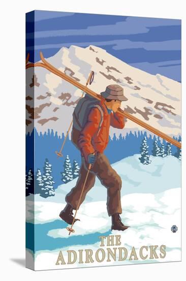 The Adirondacks, New York State - Skier Carrying Skis-Lantern Press-Stretched Canvas