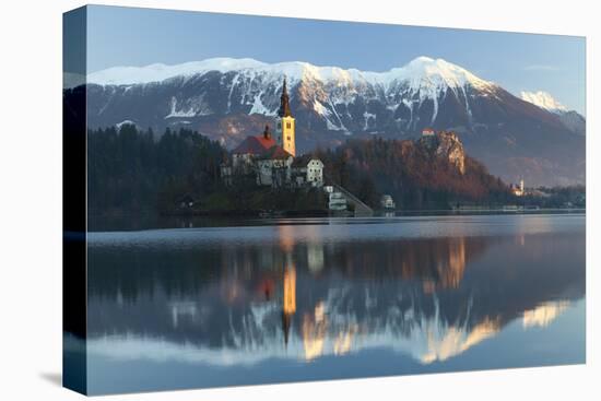 The Assumption of Mary Pilgrimage Church on Lake Bled and Bled Castle, Bled, Slovenia, Europe-Miles Ertman-Premier Image Canvas