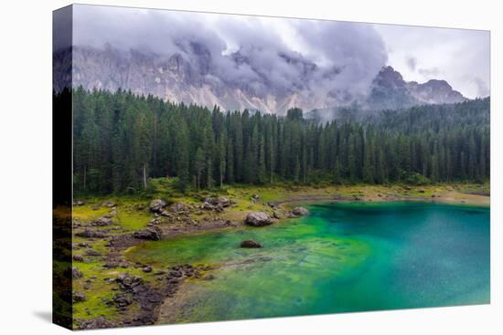 The Astonishing Colours of the Water of the Karersee, in Trentino, During a Rainy Day-Fabio Lotti-Premier Image Canvas