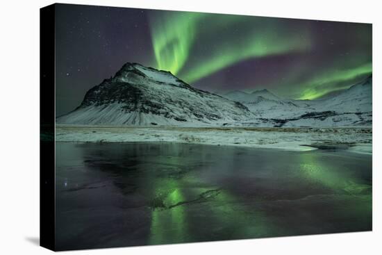The Aurora Borealis Reflected in a Small Lake in Iceland with Mountains in the Background-Alex Saberi-Premier Image Canvas