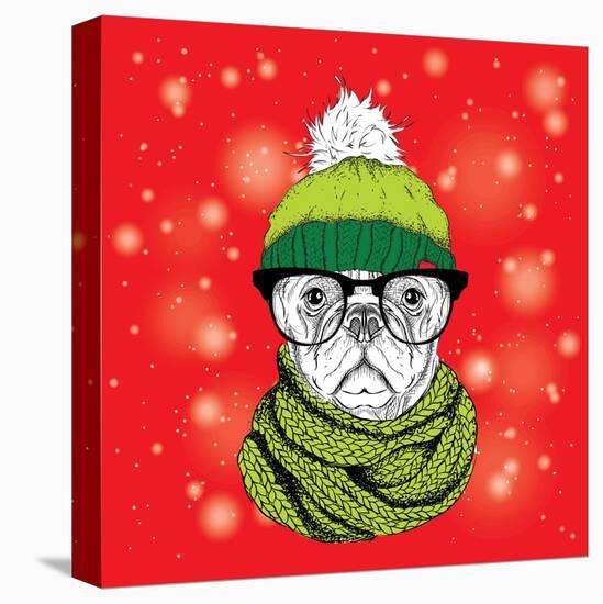 The Christmas Poster with the Image Dog Portrait in Winter Hat. Vector Illustration.-Sunny Whale-Stretched Canvas