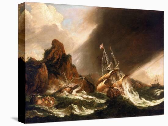 The East Indian Trading Fleet is in Full Storm, One Boat is Shipwrecked on the Rocky Coast with Ano-null-Premier Image Canvas
