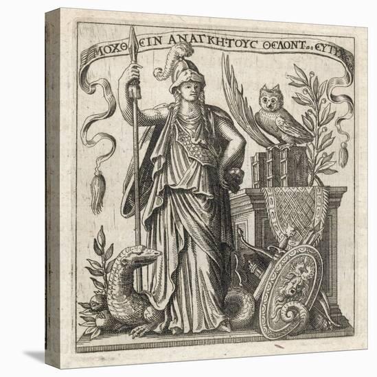 The Greek Goddess of Wisdom with Her Owl and a a Dragon-null-Stretched Canvas