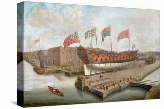 'The HMS 'Buckingham' on the Docks in Front of the Main Warehouse of the Royal Shipyards in Deptfor-John the Elder Cleveley-Premier Image Canvas
