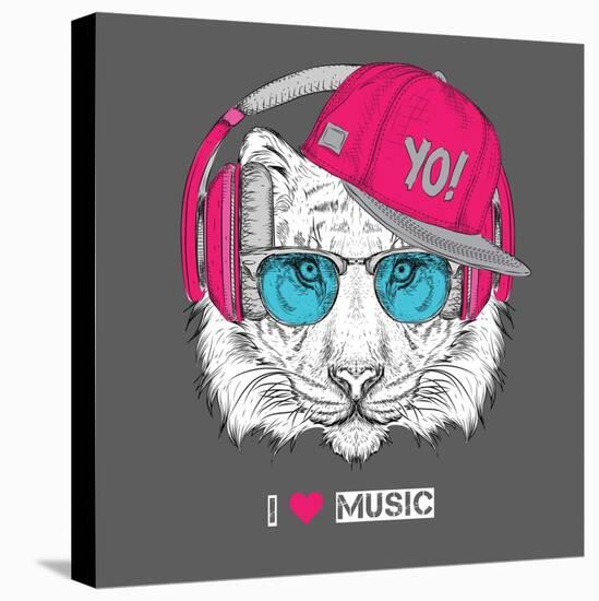 The Image of the Tiger in the Glasses, Headphones and in Hip-Hop Hat. Vector Illustration.-Sunny Whale-Stretched Canvas