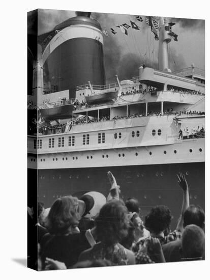 The Ship United States, under Flags, Going on First Trip, with Passengers Waving to Those on Shore-Frank Scherschel-Premier Image Canvas
