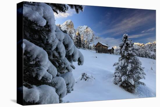 The snowy peak of Sass De Putia frames the wooden hut and woods at dawn, Passo Delle Erbe, Funes Va-Roberto Moiola-Premier Image Canvas