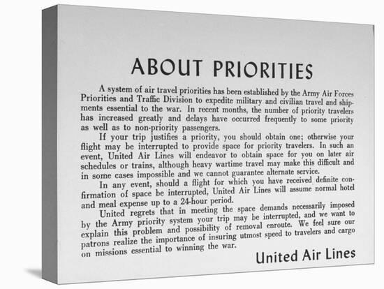 The United Airlines Priority Slip Informing Passengers of Current Traveling Conditions-null-Premier Image Canvas