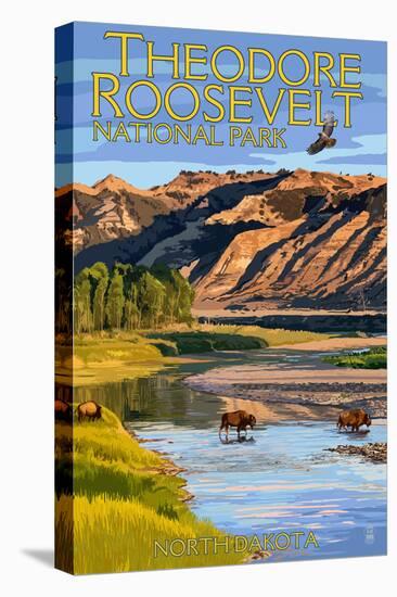 Theodore Roosevelt National Park - North Dakota - Bison Crossing River-Lantern Press-Stretched Canvas