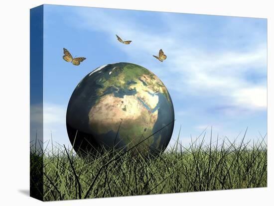 Three Butterflies Flying around Earth Globe-null-Stretched Canvas