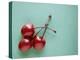 Three Cherries on a Green Background-Karen M^ Romanko-Premier Image Canvas