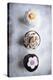 Three Different Cupcakes, Coconut, Peanut Butter And Chocolate Arranged In A Line On A Sifted Flour-Shea Evans-Stretched Canvas