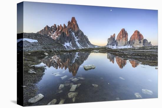 Three Peaks and Mount Paterno Reflected in the Lake. Sesto Dolomites-ClickAlps-Premier Image Canvas
