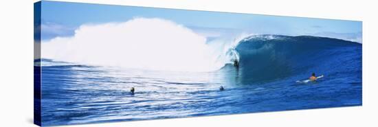 Three People Bodyboarding in the Ocean, Tahiti, French Polynesia-null-Premier Image Canvas