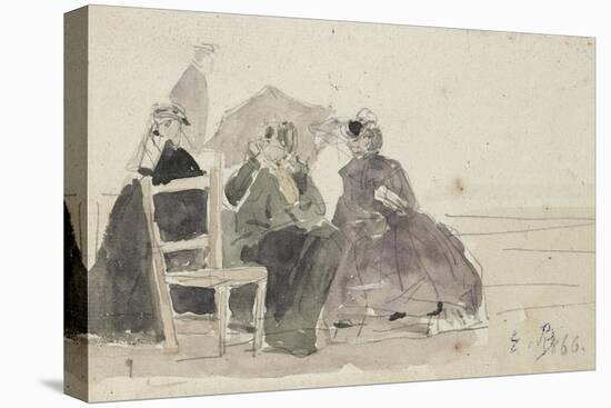 Three Women Seated on Chairs on a Beach-Eugene Louis Boudin-Premier Image Canvas