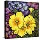 Three Yellow Primroses Surrounded by Mauve and Purple Primroses and Leaves (Watercolour)-Joan Thewsey-Premier Image Canvas