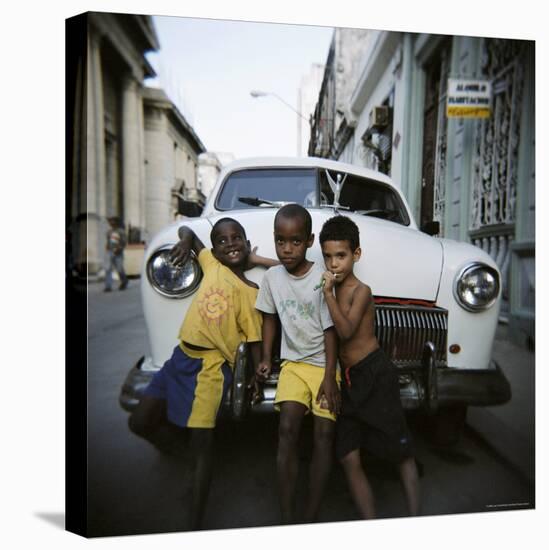 Three Young Boys Posing Against Old White American Car, Havana, Cuba, West Indies, Central America-Lee Frost-Premier Image Canvas