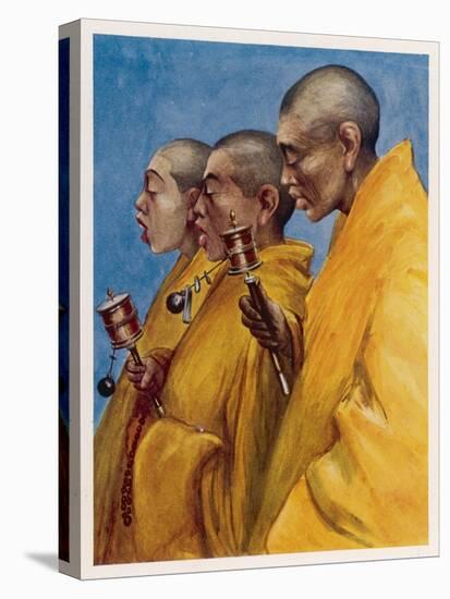 Tibetan "Yellow Monks" Using Prayer Wheels-Henry Savage Landor-Stretched Canvas