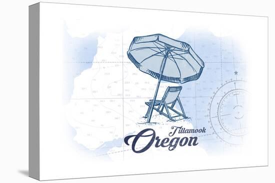 Tillamook, Oregon - Beach Chair and Umbrella - Blue - Coastal Icon-Lantern Press-Stretched Canvas