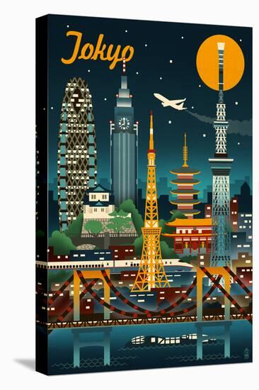 Tokyo, Japan - Retro Skyline-Lantern Press-Stretched Canvas