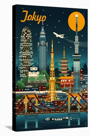 Tokyo, Japan - Retro Skyline-Lantern Press-Stretched Canvas