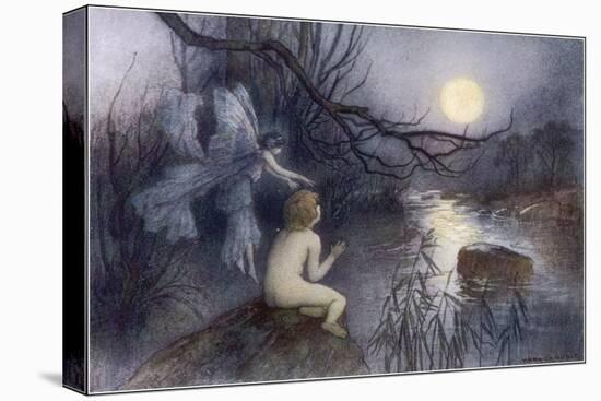 Tom Sits Upon a Rock Watching the Moonlight on the Rippling River-Warwick Goble-Stretched Canvas