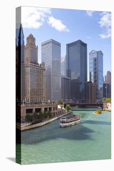 Tourist Boat on Chicago River with Glass Towers Behind on West Wacker Drive, Chicago, Illinois, USA-Amanda Hall-Premier Image Canvas