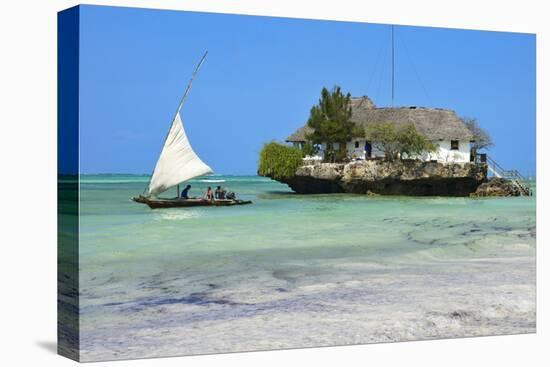 Tourist on a Traditional Dhow Boat, the Rock Restaurant, Bwejuu Beach, Zanzibar, Tanzania-Peter Richardson-Premier Image Canvas