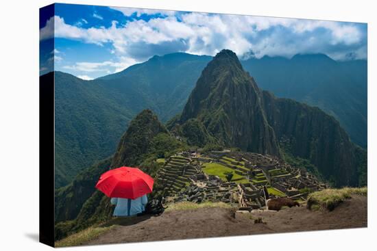 Tourist under the Shade of A Red Umbrella Looking at Machu Picchu-Mark Skalny-Premier Image Canvas