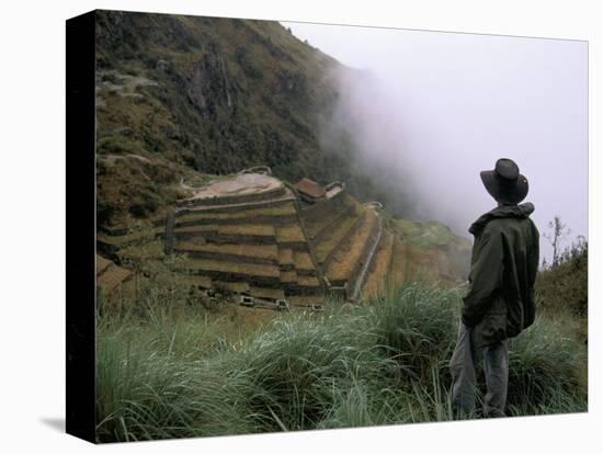 Tourist Watches Clouds Swirl Around Mountains, Inca Trail, Peru, South America-Jane Sweeney-Premier Image Canvas