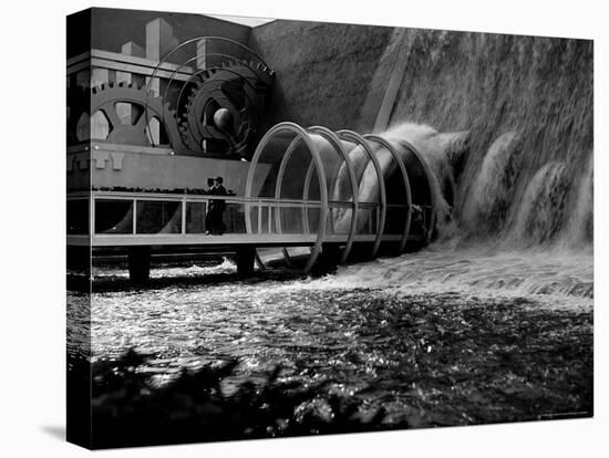 Tourists Crossing Low Bridge at Electrical Utilities Waterfall Exhibit at NY World's Fair-David Scherman-Premier Image Canvas