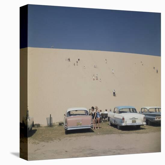 Tourists in Bathing Suits by Parked Cars and Climbing the Sleeping Bear Sand Dunes, Michigan, 1961-Frank Scherschel-Premier Image Canvas