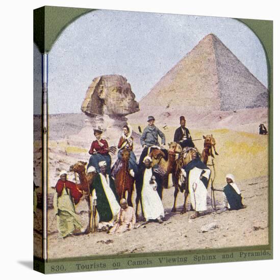 Tourists on Camels at Gizeh, the Sphinx and a Pyramid Behind Them-null-Premier Image Canvas