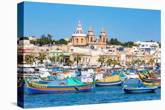 Traditional brightly painted fishing boats in the harbour at Marsaxlokk, Malta, Mediterranean, Euro-Martin Child-Premier Image Canvas