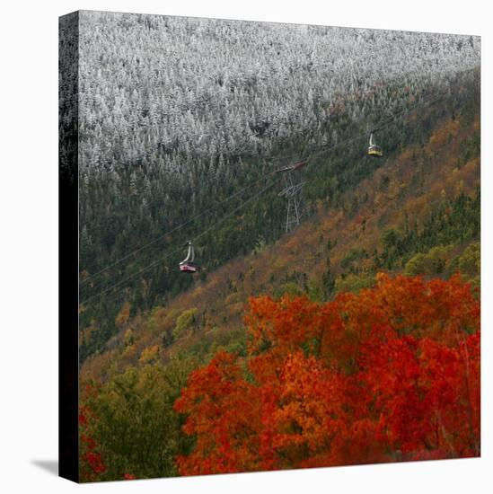 Tram Cars Take Tourists Up Cannon Mountain in New Hampshire as Snow Meets with Changing Leaves-null-Premier Image Canvas