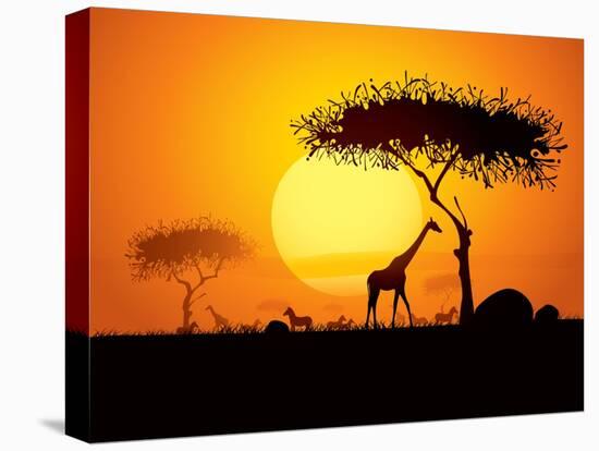 Tranquil Sunset Scene In Africa. Silhouette Animals And Trees In Africa Sunset Background-ori-artiste-Stretched Canvas