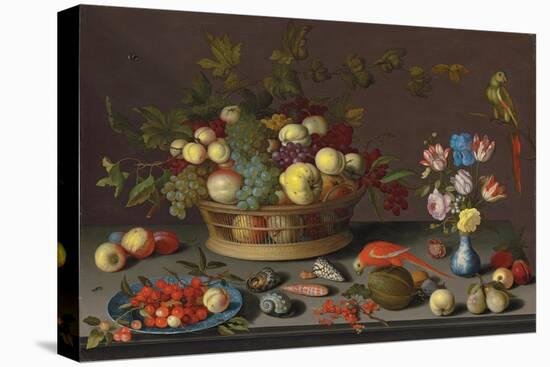 Trauben und andere Früchte in einem Korb, Kirschen und ein Pfirsich auf einem Delfter Teller-Balthasar van der Ast-Premier Image Canvas