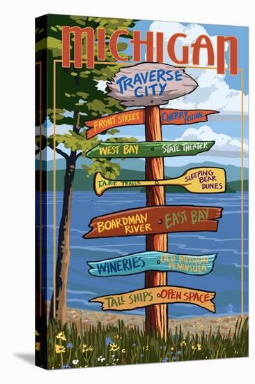 Traverse City, Michigan - Sign Destinations-Lantern Press-Stretched Canvas