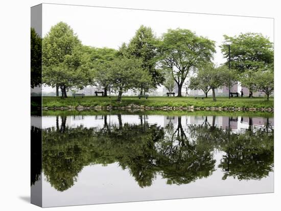 Trees are Reflected in Still Water on the Esplanade Along the Charles River in Boston-null-Premier Image Canvas