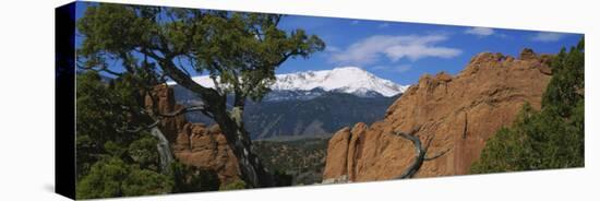 Trees in Front of a Rock Formation, Pikes Peak, Garden of the Gods, Colorado Springs, Colorado, USA-null-Premier Image Canvas