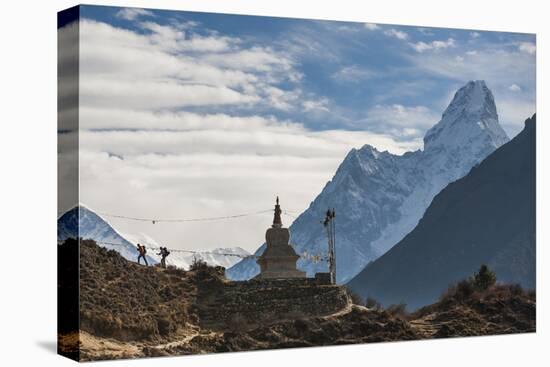 Trekkers Near a Chorten in the Everest Region with the Peak of Ama Dablam in the Distance-Alex Treadway-Premier Image Canvas