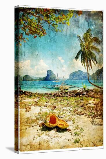 Tropical Beach - Artwork In Painting Style-Maugli-l-Stretched Canvas