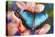 Tropical Butterfly the Blue Morpho open winged on tropical orchid-Darrell Gulin-Premier Image Canvas