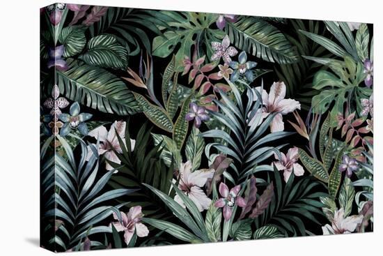 Tropical Floral Print. Variety of Jungle and Island Flowers in Bouquets in a Dark Exotic Print. All-rosapompelmo-Stretched Canvas