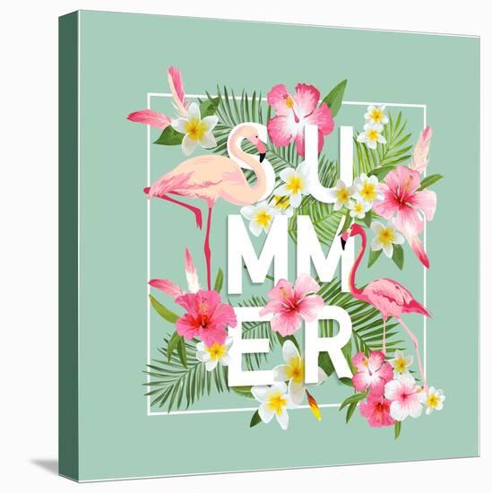 Tropical Flowers Background. Summer Design. Vector. Flamingo. T-Shirt Fashion Graphic. Exotic.-woodhouse-Stretched Canvas