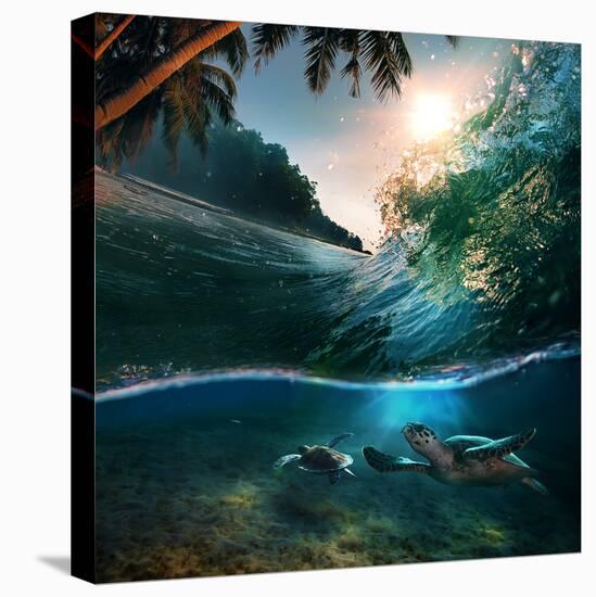 Tropical Paradise Template with Sunlight. Ocean Surfing Wave Breaking and Two Big Green Turtles Div-Willyam Bradberry-Stretched Canvas